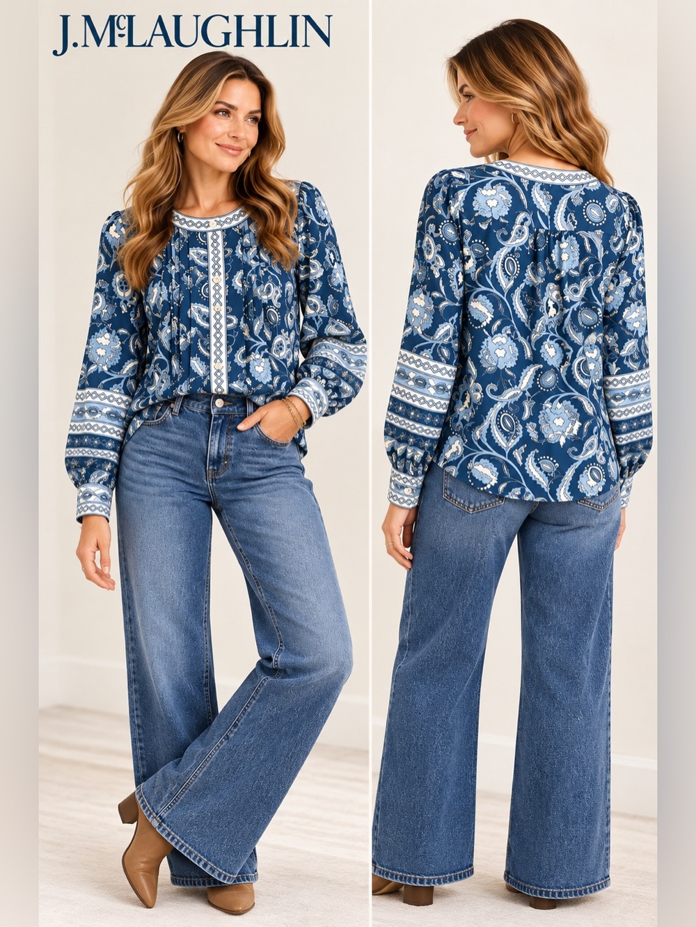 J.McLaughlin Blue Floral Paisley Button Front Blouse Size S